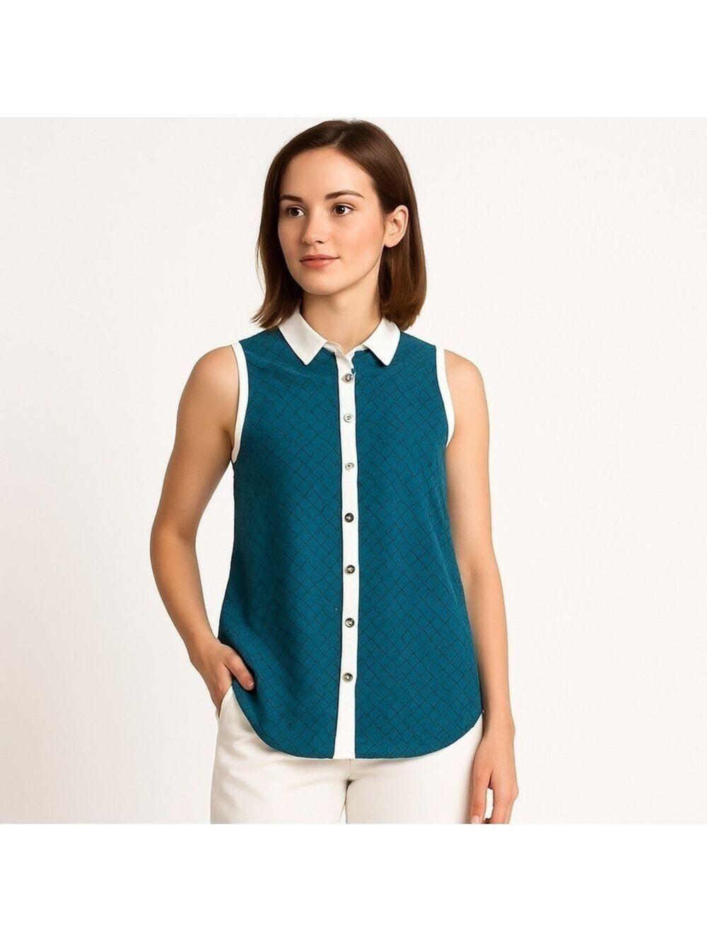 YOYO5 Green w/Gold Thread Button Down Sheer Tank Top